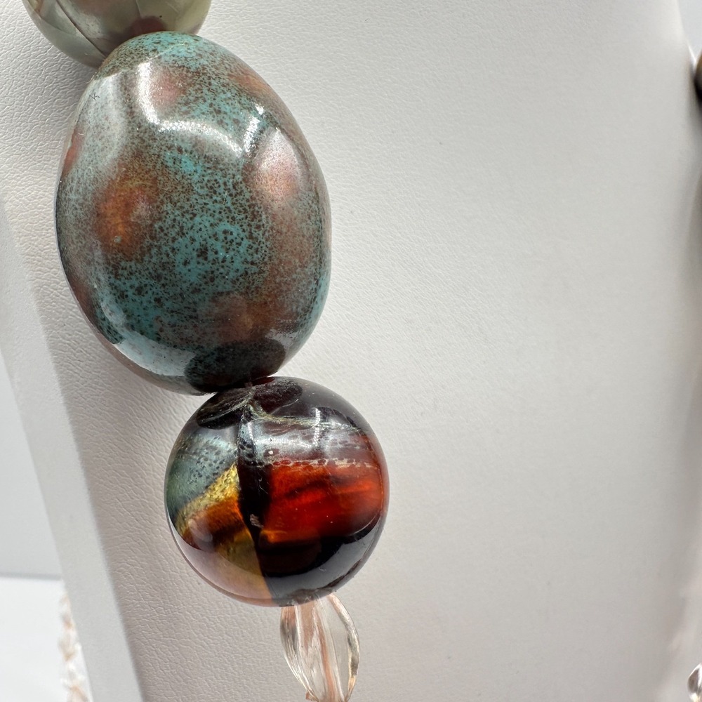Vintage 90s Chunky Multi-Color Glass Bead Necklace - Iridescent Earth Tones